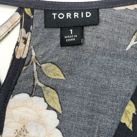 Torrid Plus Size 1 Gray White Floral Challis Babydoll Tank Latice Back Flowy - Picture 3 of 10